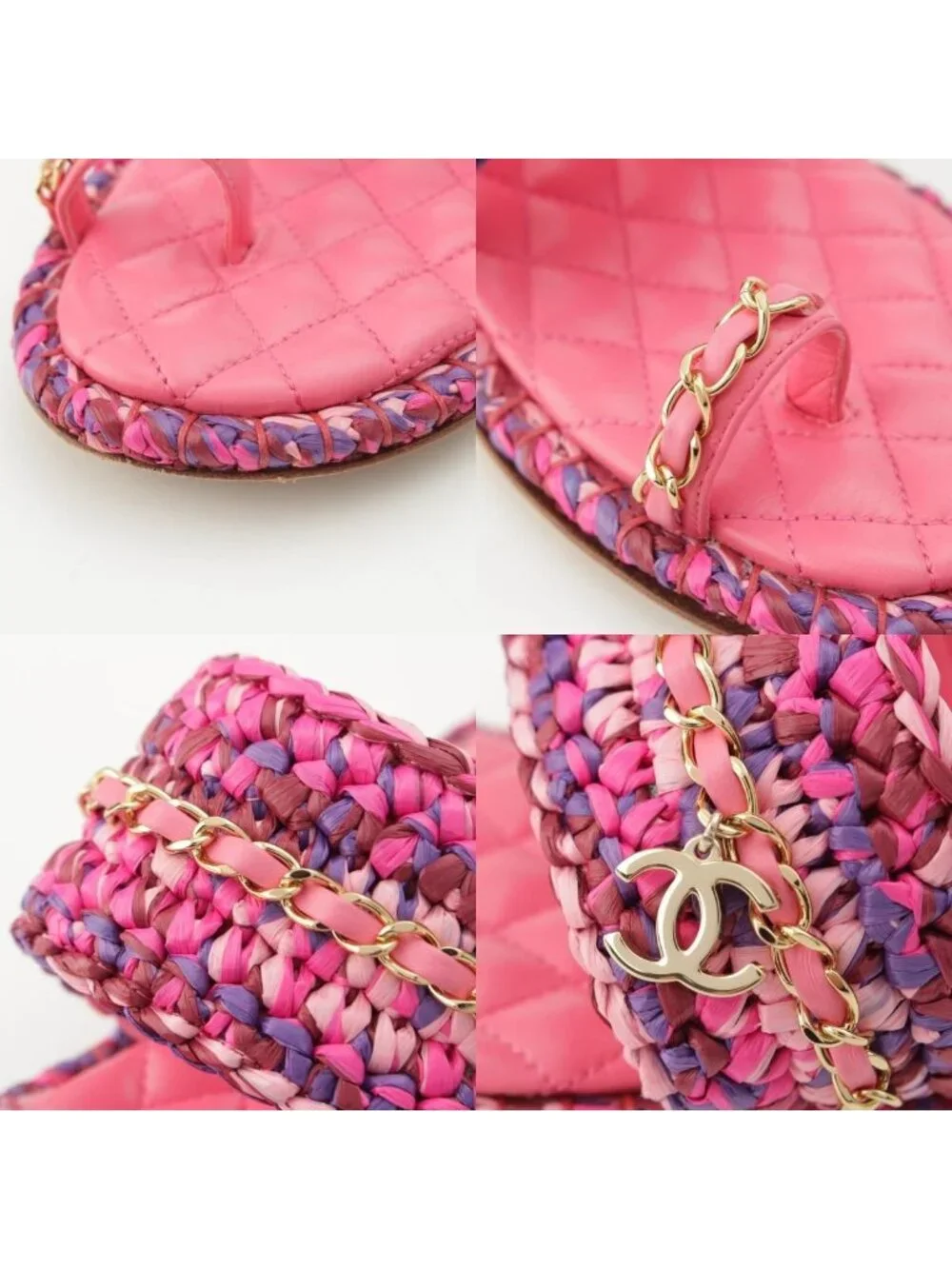 Chanel Leather Tweed CC Logo Chain Flat Sandals Pink 37C